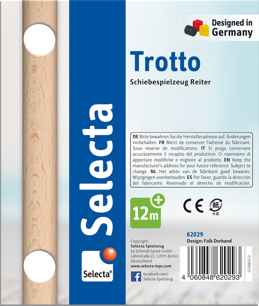 Selecta Trott Reiter: push-along toy rider, wooden and safe for ages 12 months+, designed in Germany.