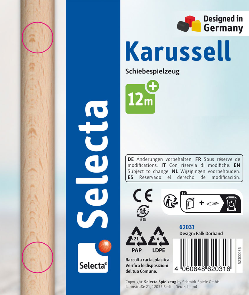 Toy packaging for Karussell push-along toy, age 12m+, with icons and Designed in Germany label on right side.