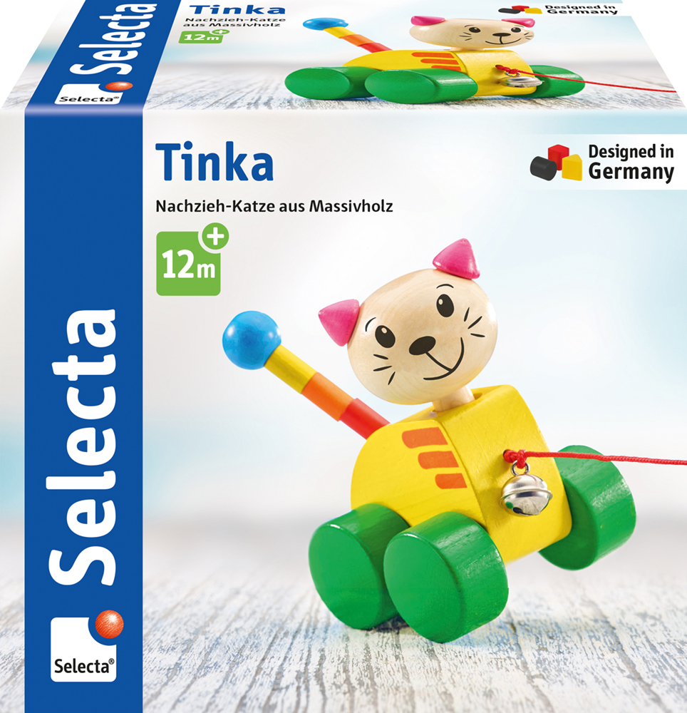 Solid wood pull-along cat toy in a colourful Tinka box, perfect for children aged 12 months and up.
