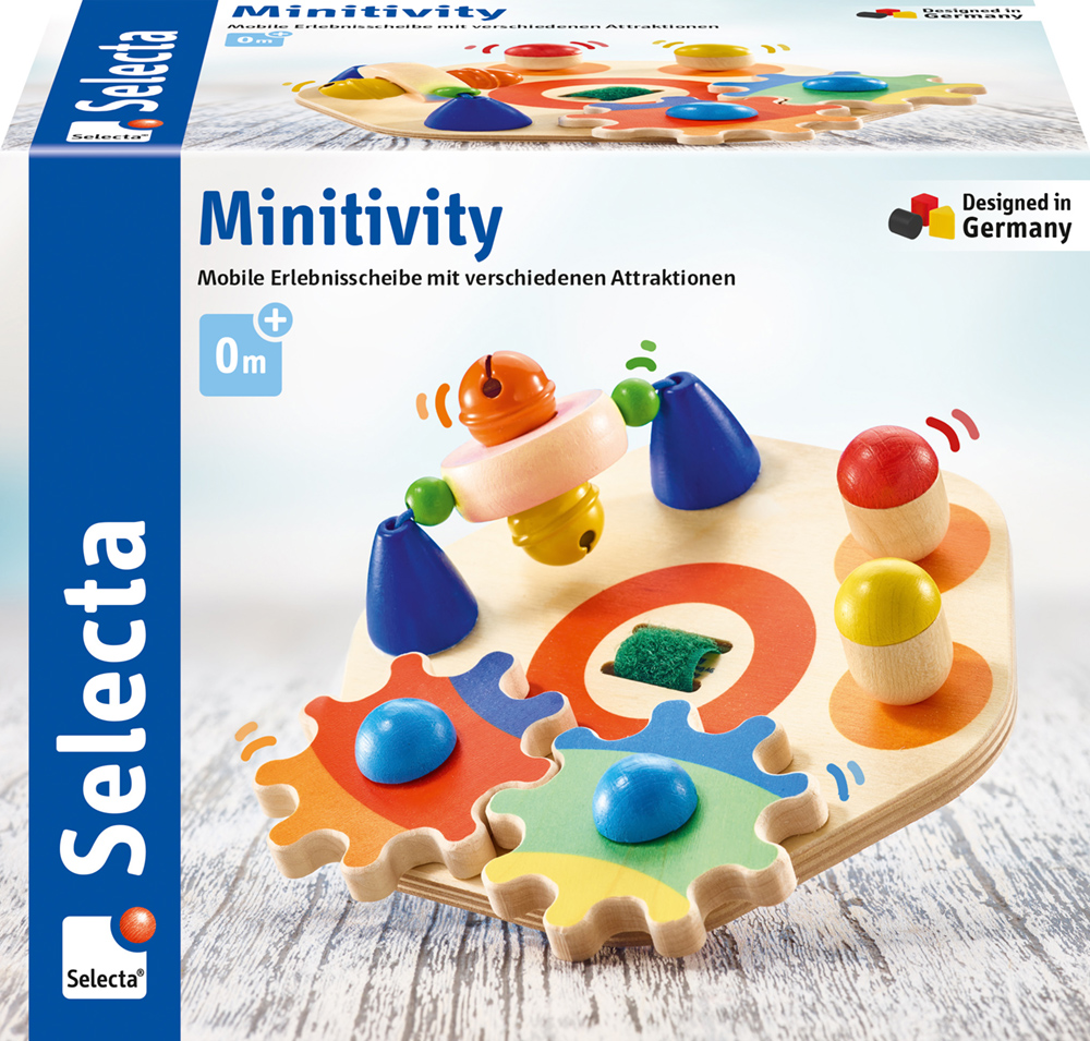 62020_Picknick_FS11_11_2019 Selecta Minitivity toy box featuring a mobile activity disc with colourful shapes, gears, and varied attractions.