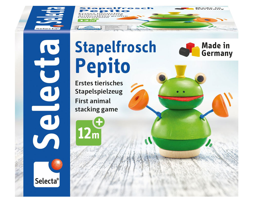 62041-stacking-frog-pepito-wooden-toy-p Box for the first really wild stacking toy: Stapelfrosch Pepito, a smiling frog made of green wooden pieces.