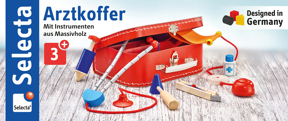 62058_doctors-case-wooden-toy-banderole-VS-p Red wooden doctor playset with tools in a sturdy play case, including stethoscope and syringe. For ages 3+.