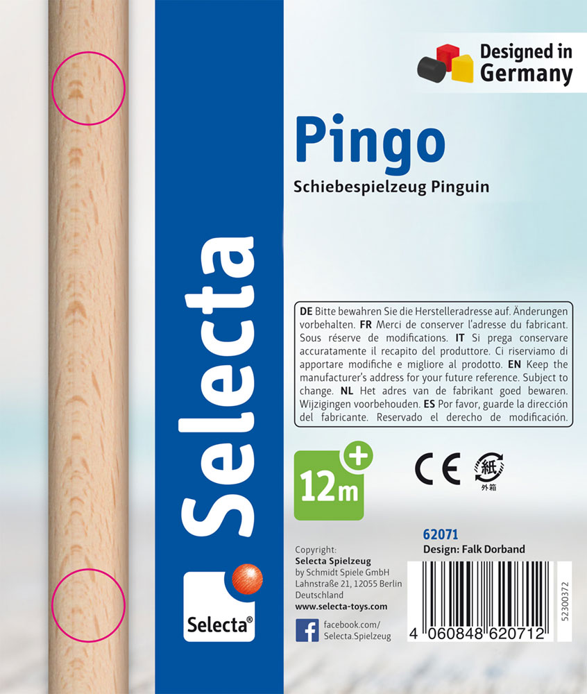62071_pingo-wooden-toy-p-side Label for Pingo push-along figure, suitable for ages 12+, made in Germany by Selecta.