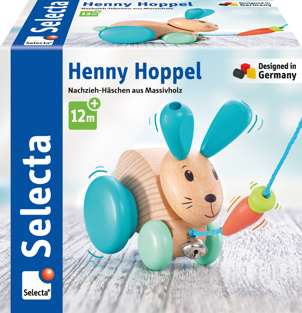 62080_Klettini_Lastwagen_FS33_05_2020 Solid wood pull-along rabbit with blue wheels and ears, labelled Henny Hoppel by Selecta on packaging.