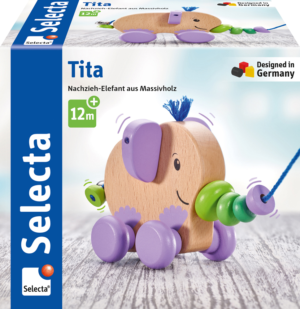 62080_Klettini_Lastwagen_FS33_05_2020 Solid wood pull-along elephant toy with purple wheels, green beads; perfect for children 12 months and over.