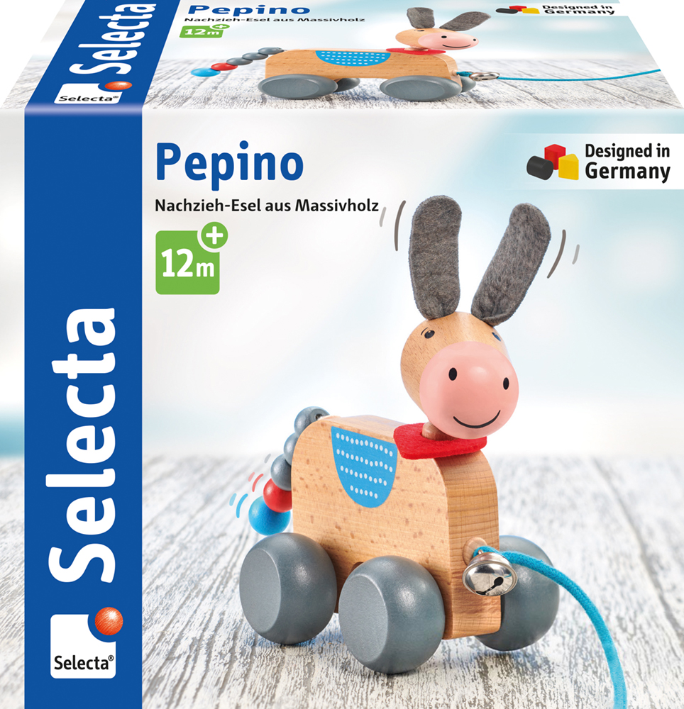Pull-along donkey toy on wheels, labelled Pepino, for ages 12 months+, designed in Germany.