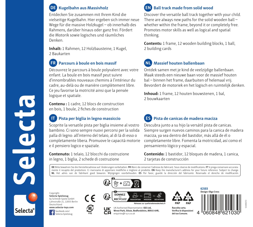 62103_labirinto-wooden-toy-p-bottom Back of a Selecta toy box featuring multilingual product descriptions for an exciting marble run.