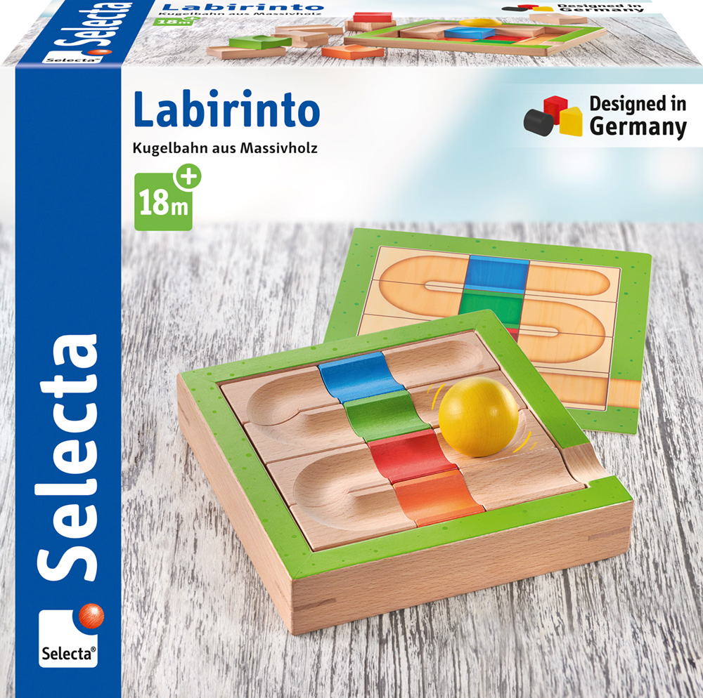 62011_Kurbelspass_FS49_02_2020 Wooden ball track maze toy with colourful tracks, yellow ball, and Selecta packaging labelled Labrinto.