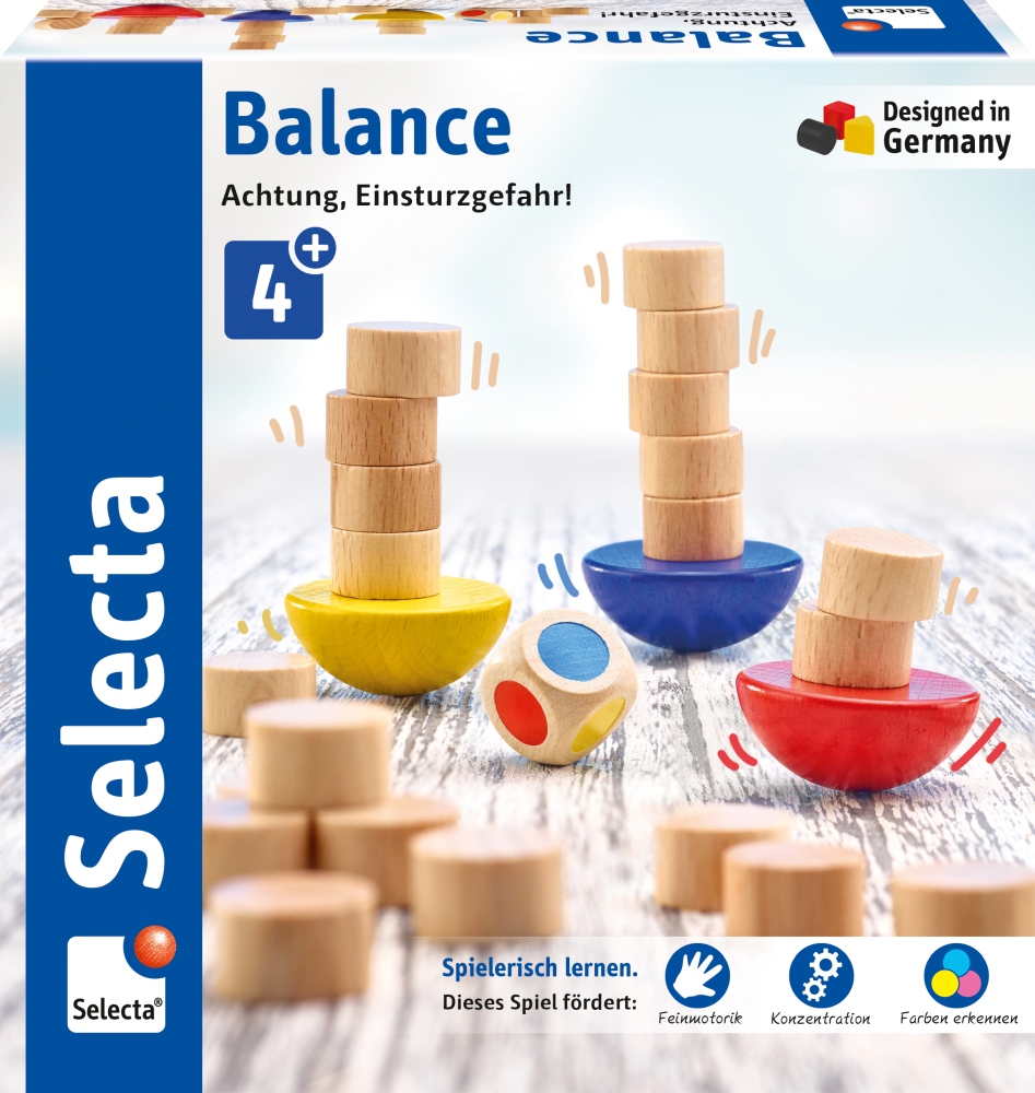 Wooden stacking game with coloured bases, tower on wobbly half-sphere, die, and Balance packaging for ages 4+.
