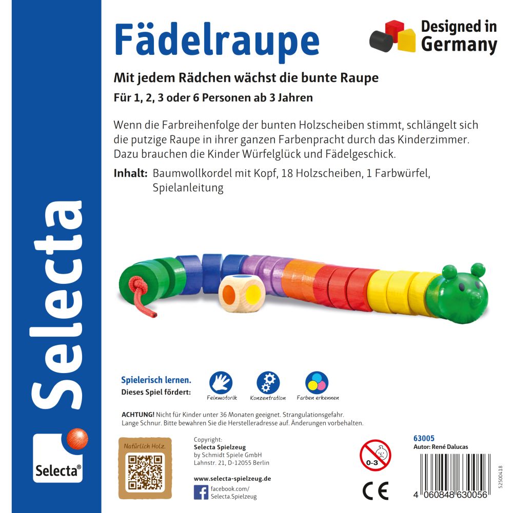 63005_threading-caterpillar-wooden-toy-p-bottom Colourful caterpillar threading toy with blocks, string, dice for children, on a Selecta game box.