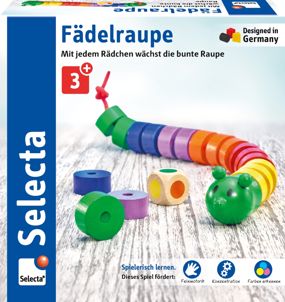 63005_Faedelraupe_ST05_Deckel_07_2019 A colourful caterpillar toy with wooden beads and a green head, perfect for threading and ages 3+.