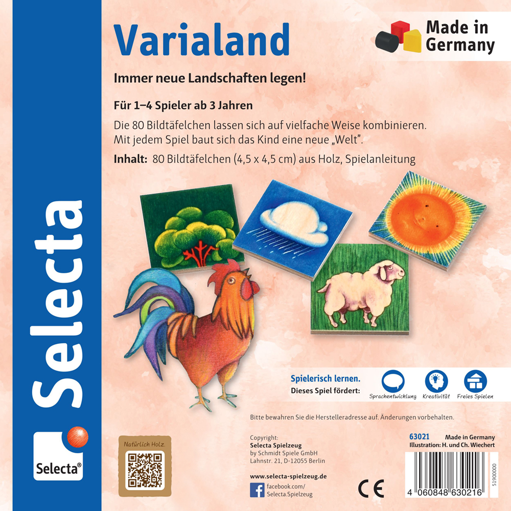 Box cover of Varialand game with 80 wooden picture tiles, animal and nature art, bird, and Selecta branding.