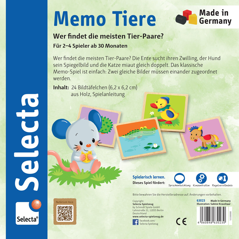 63023_memo-animal-wooden-toy-p-bottom A box for Memo Animal Tiere, a German memory game for children with colourful animal illustrations.