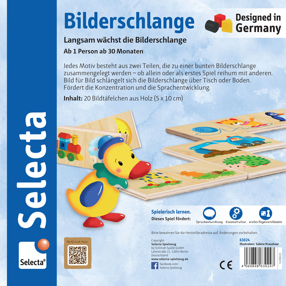 A picture snake wooden toy puzzle for ages 30+ months, with duck character and colourful images on packaging.