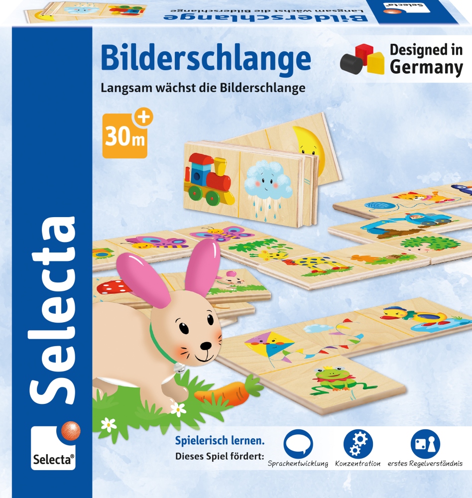 Box for Selecta Bilderschlange game, showing picture snake wooden tiles and a cartoon rabbit on the front.