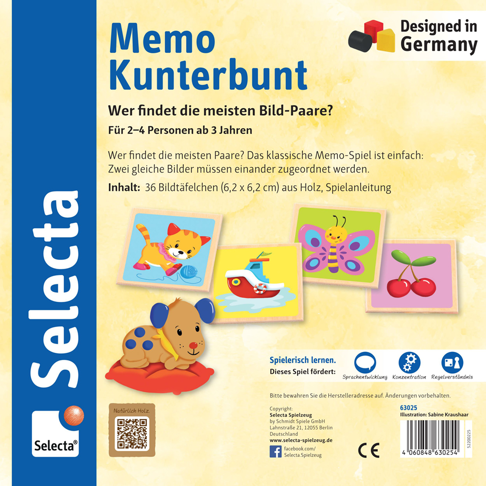 Memo Kunterbunt wooden memo game box with colourful animal and object illustrations, Selecta logo, and German text.