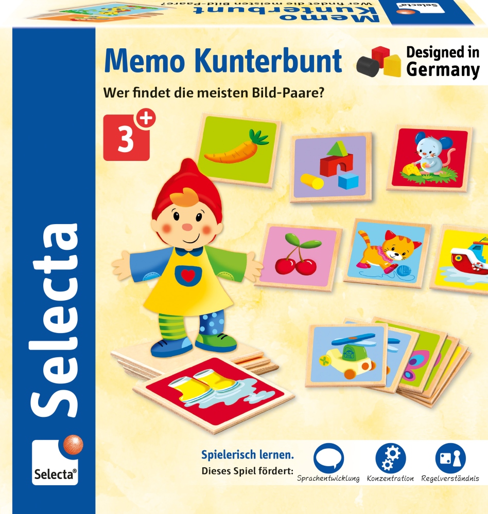 Box for wooden memo Kunterbunt game, featuring a girl and vibrant matching cards with objects and animals.