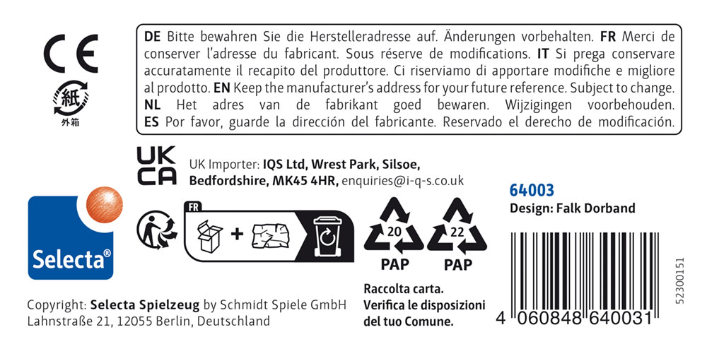 64003_little-clouds-roller-grey-wooden-toy-p-bottom Product label for rolling wooden rattle with bell: multilingual instructions, barcode, Selecta Spielzeug logo.