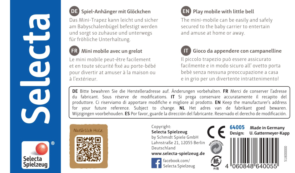 64005_floating-clouds-wooden-toy-p-bottom Product packaging for Selecta Spielzeug mobile toy with wooden clouds and bell, info in 4 languages.