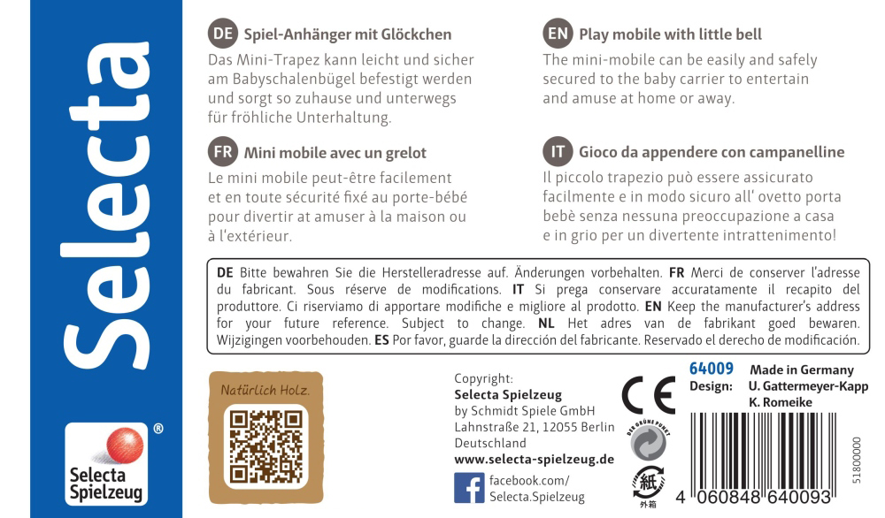 64009_starlit-fun-wooden-toy-p-bottom Product label for a Selecta toy mobile with wooden stars and bell, in four languages plus company contact details.