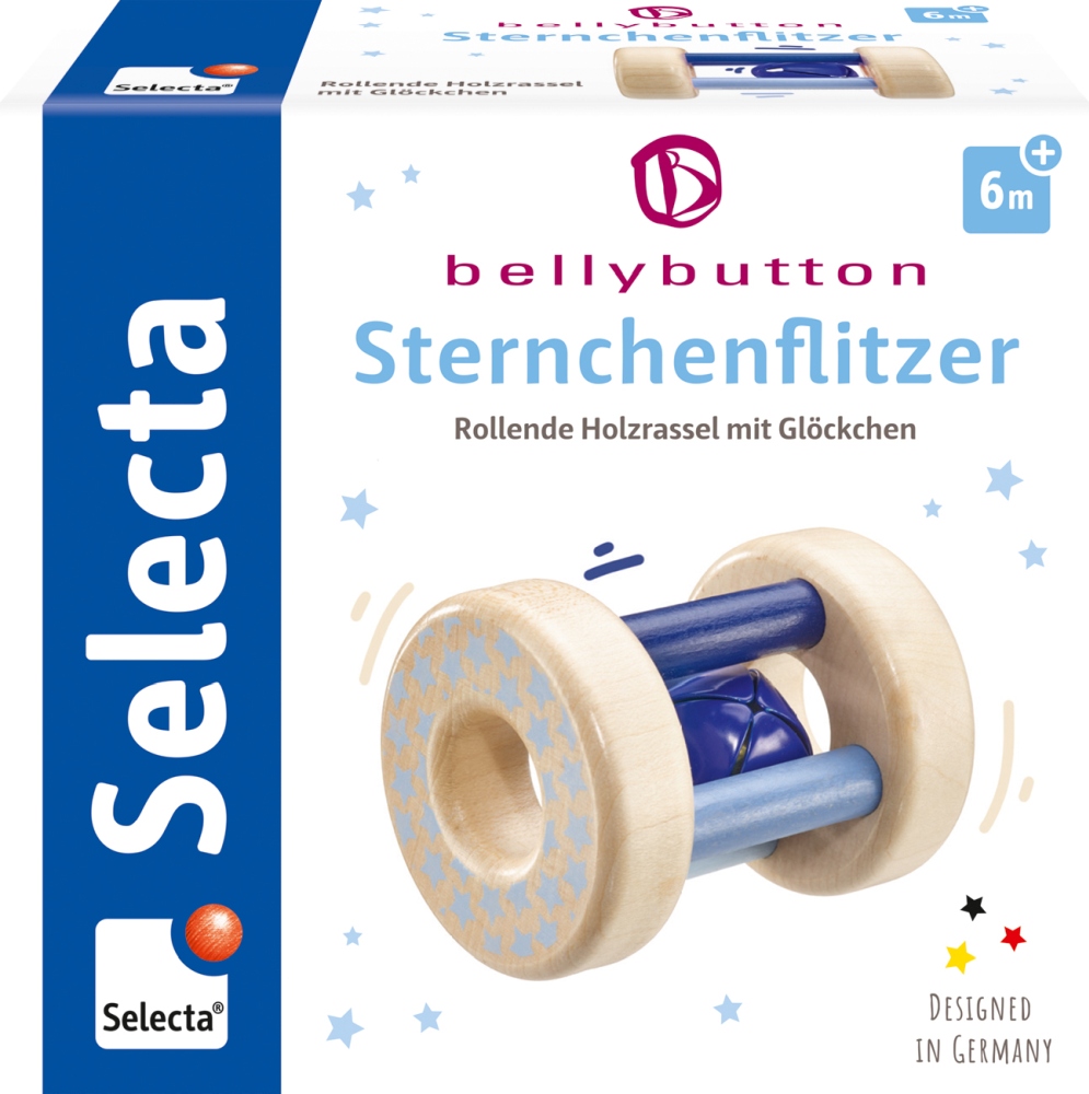 61036_Girondo_FS06_01_2020 Rolling wooden rattle with bell in a box labelled Sternchenflitzer for ages 6 months+ by Selecta.