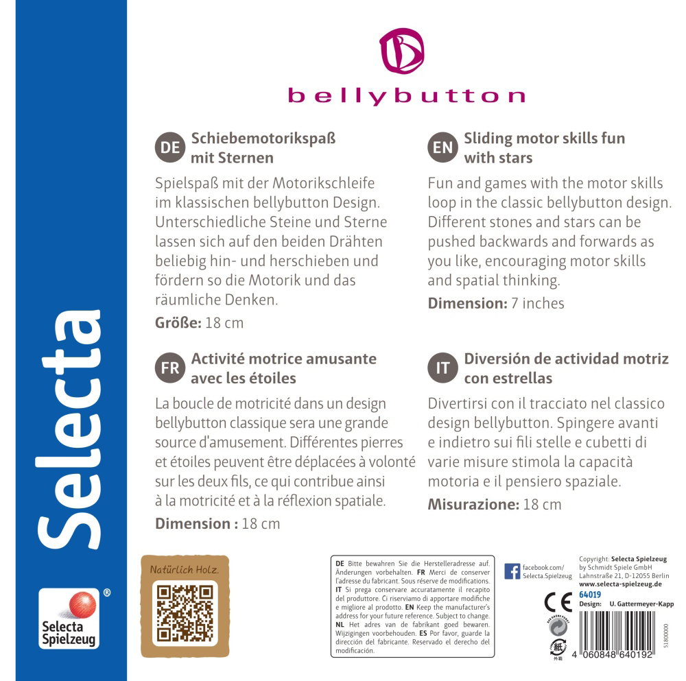 64019_star-loop-wooden-toy-p-bottom Toy product packaging in 4 languages features Selecta, bellybutton logos, 18 cm, and star loop design.