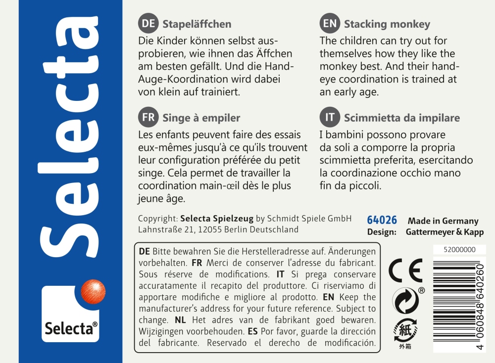 64026_stacking-monkey-wooden-toy-p-bottom Selecta stacking monkey toy packaging with instructions in German, English, French, Italian and safety information.