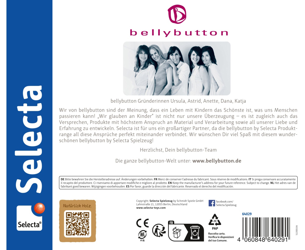 Product label for Selecta bellybutton wooden busy board, featuring founders’ photo and brand info in German.
