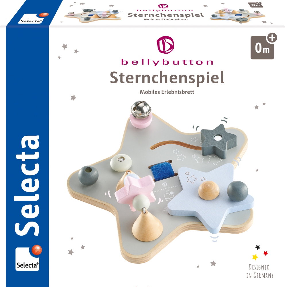 Box showing a wooden star-shaped busy board with pastel shapes and Selecta branding.